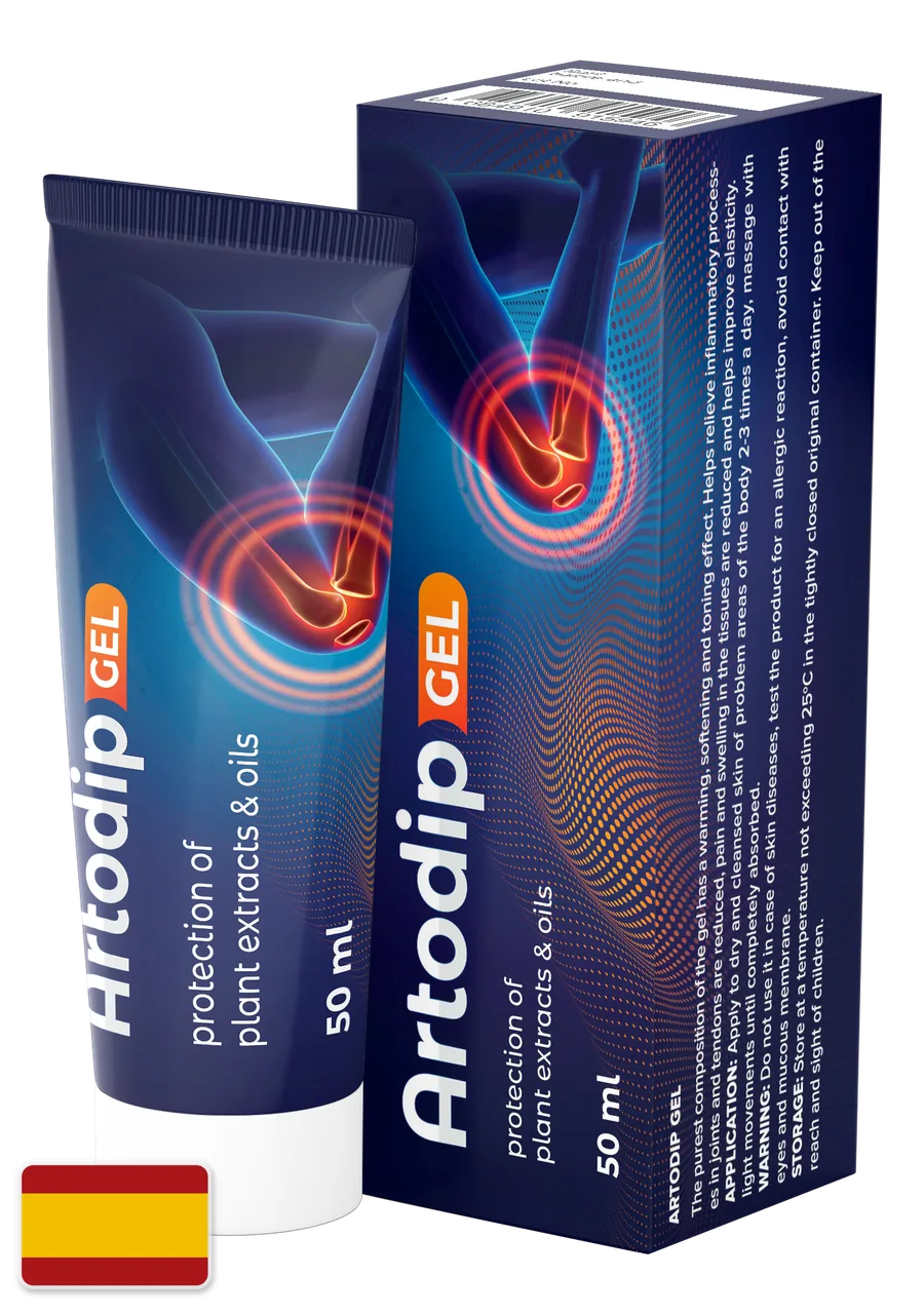 Artodip Gel — estuche y tubo de 50 ml rodeados de consuelda, árnica, caléndula, jengibre y pimienta de Cayena