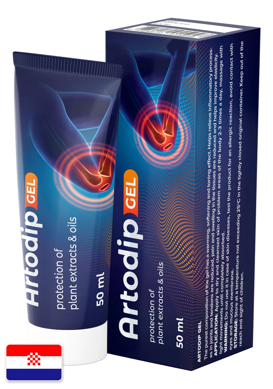 Artodip Gel — kutija i tuba od 50 ml okružene gavezom, arnikom, nevenom, đumbirom i kajenskim paprom