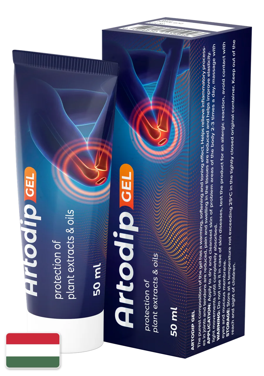 Artodip Gel — doboz és 50 ml-es tubus nadálytővel, árnikával, körömvirággal, gyömbérrel és cayenne borssal
