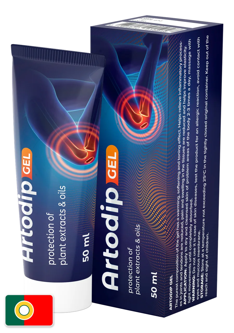 Artodip Gel — embalagem e bisnaga de 50 ml rodeadas de consolda, arnica, calêndula, gengibre e pimenta-de-caiena
