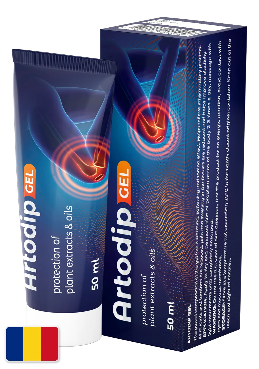 Artodip Gel — cutia și tubul de 50 ml, înconjurate de tătăneasă, arnică, gălbenele, ghimbir și ardei de Cayenne
