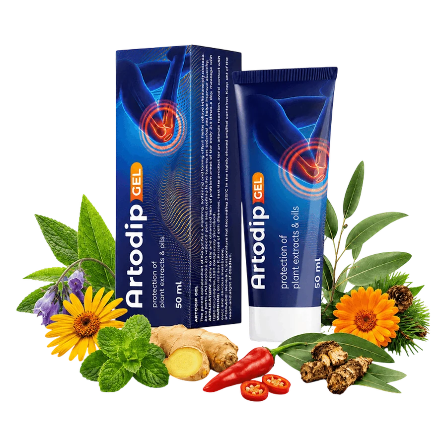 Artodip Gel — carton and 50 ml tube surrounded by comfrey, arnica, calendula, ginger and cayenne pepper